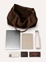 Sera Slouch Suede Tote with everyday contents
