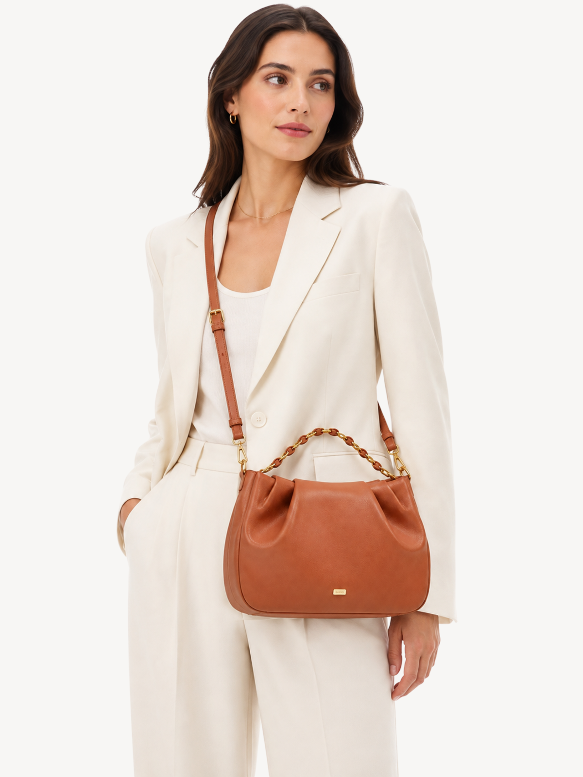 Cora Chain-Top Crossbody worn, shown for scale