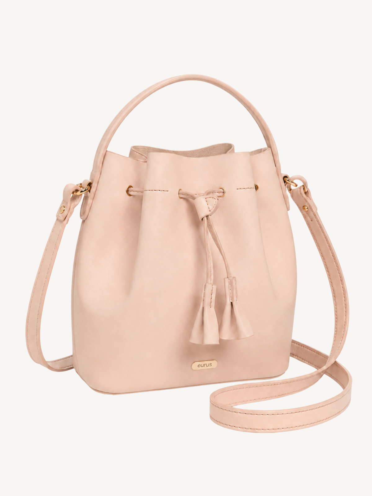 Soleil Drawstring Bucket Crossbody, three-quarter view