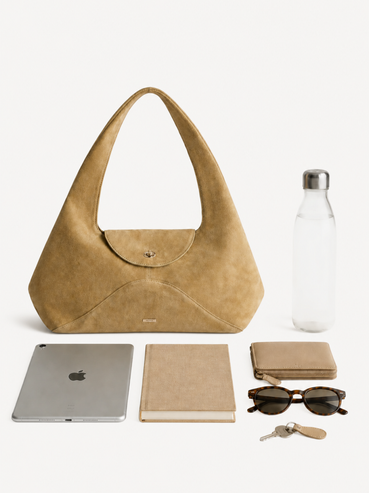 Aria Sculpted Suede Hobo with everyday contents