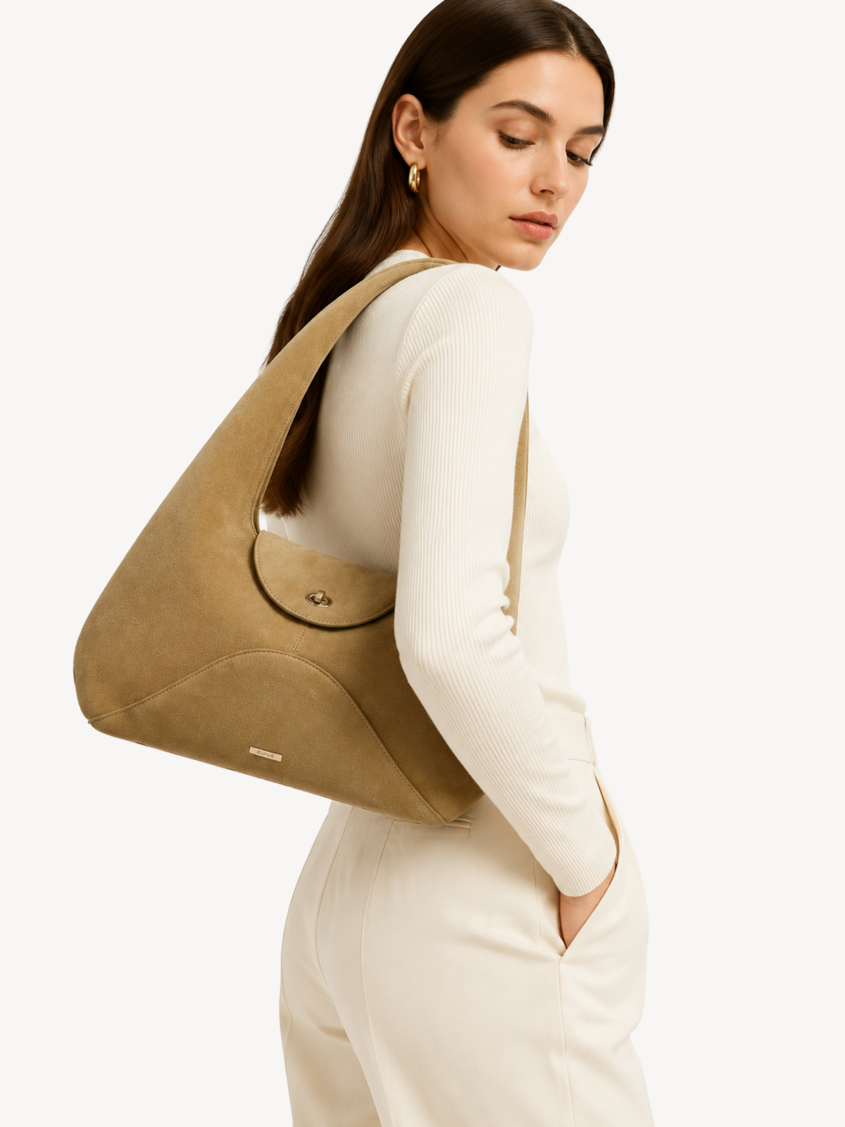 Aria Sculpted Suede Hobo worn, shown for scale