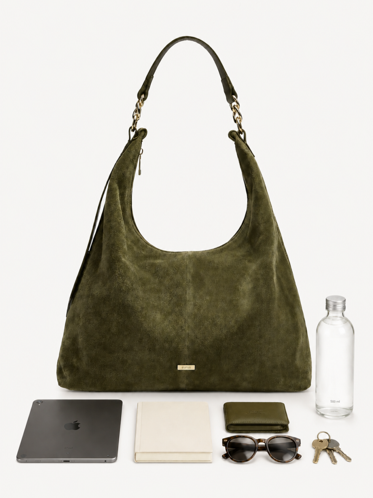 Rue Suede Shoulder Hobo with everyday contents