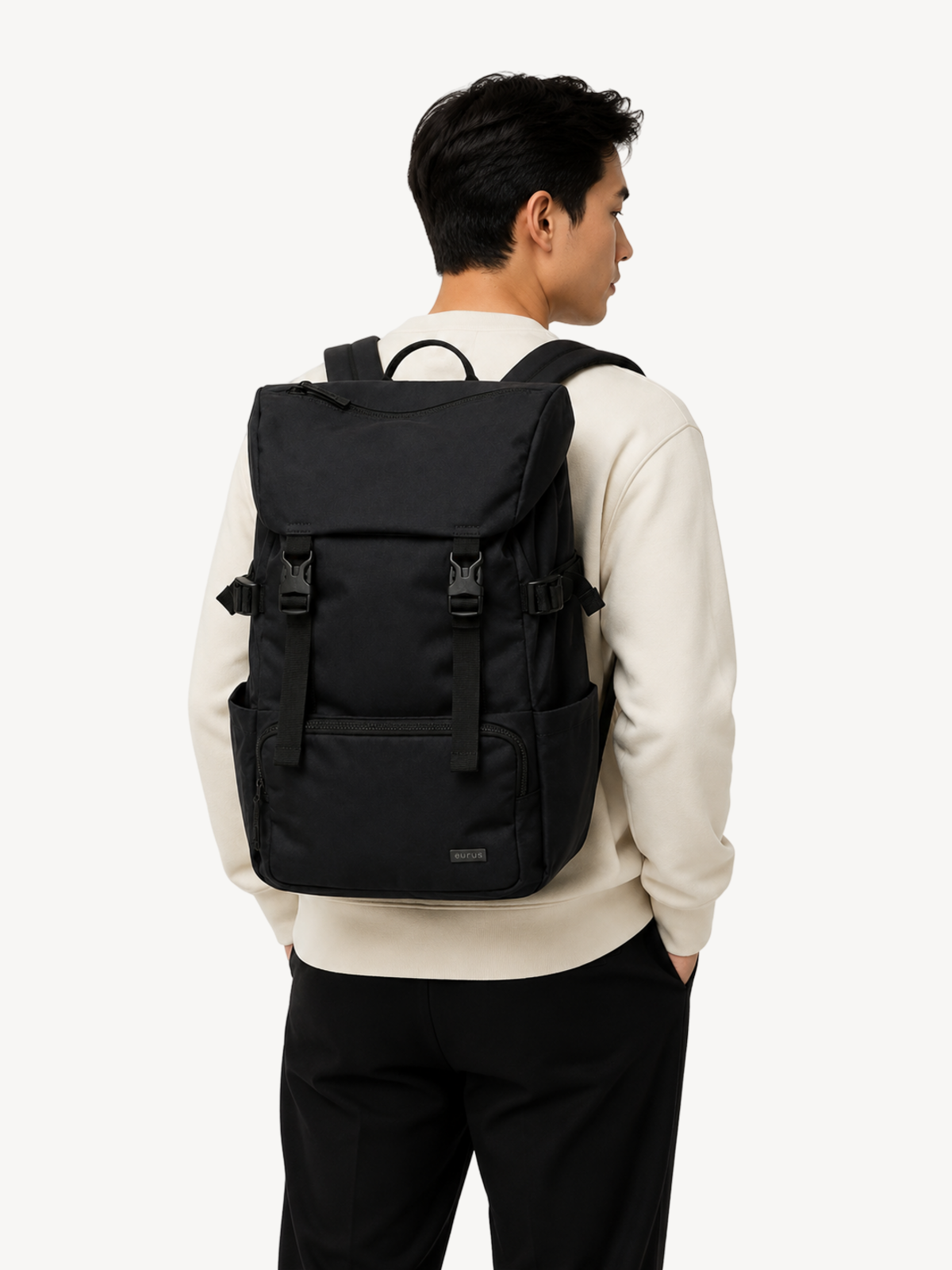 Atlas Utility Buckle Backpack worn, shown for scale