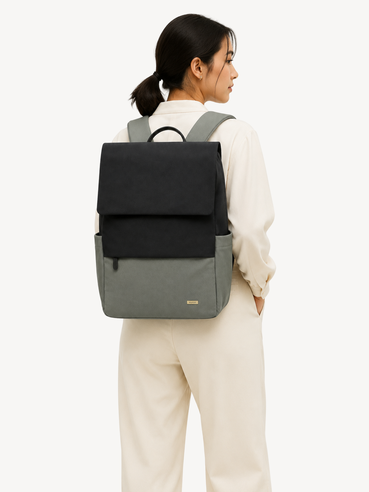 Cove Colorblock Flap Backpack worn, shown for scale