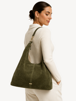 Rue Suede Shoulder Hobo worn, shown for scale