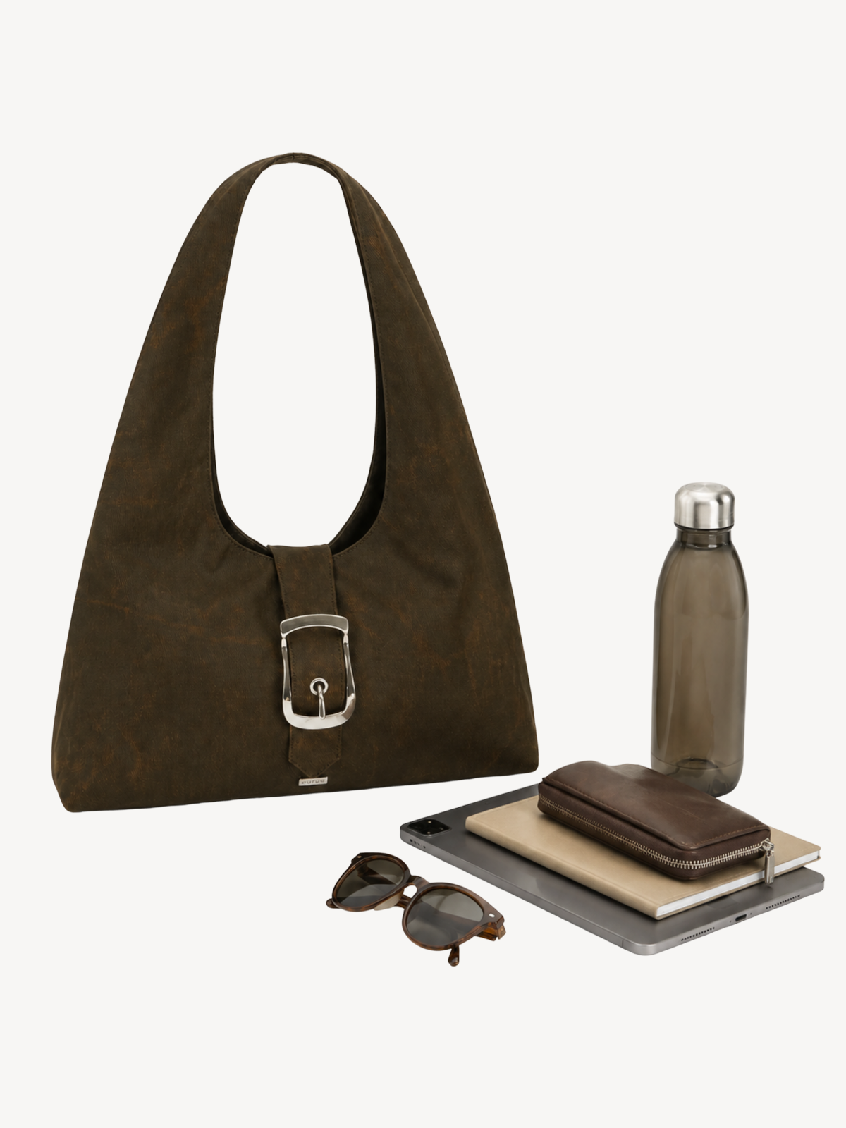 Halo Buckle Suede Hobo with everyday contents