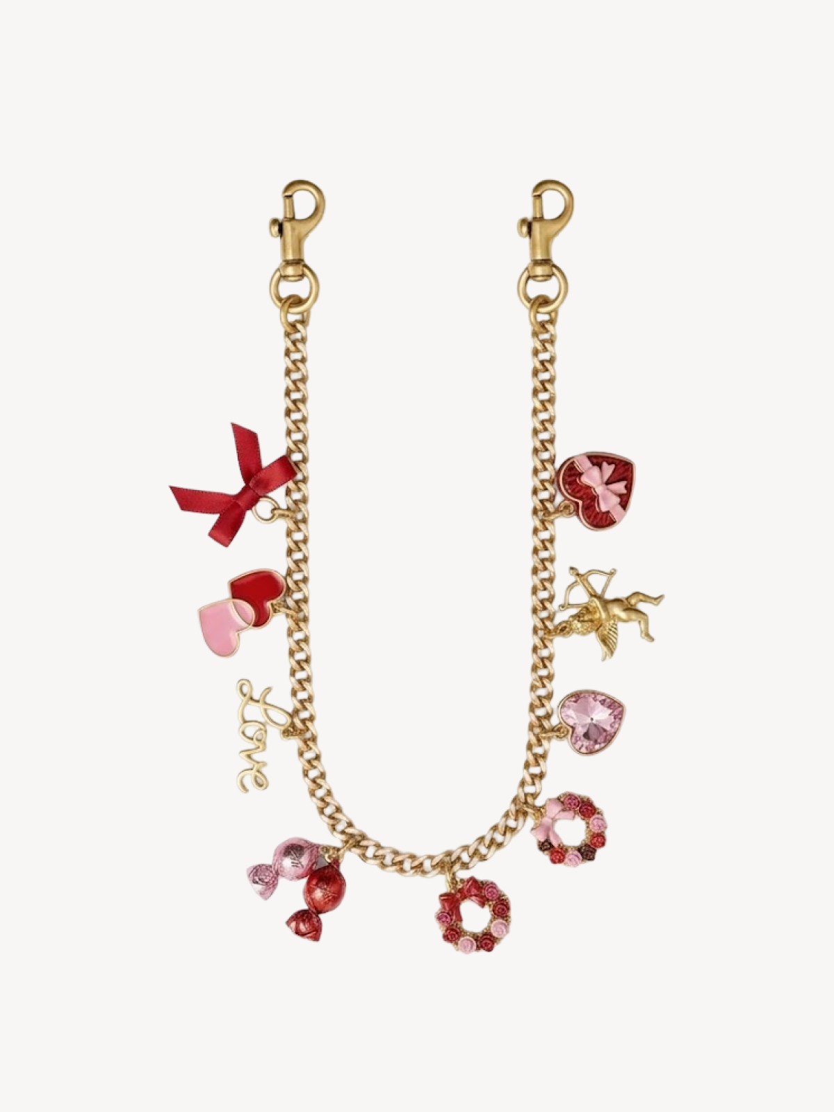 Valentine Love Charm Chain with gold-tone chain, hearts, bows and cupid charms